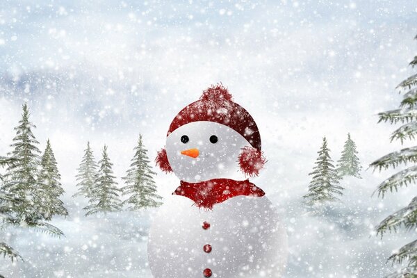 Snowman among the Christmas trees in the snow-covered forest