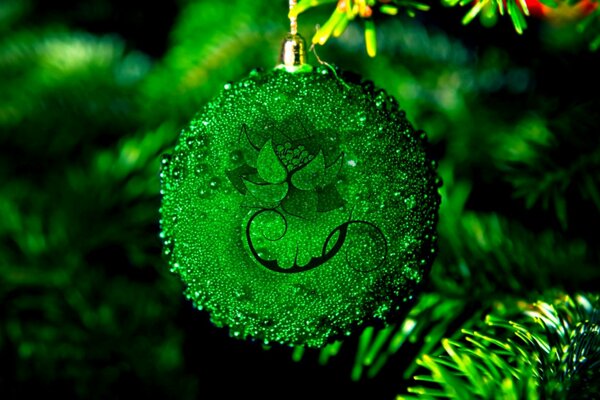 Boule de nouvel an vert sur une branche d arbre de Noël