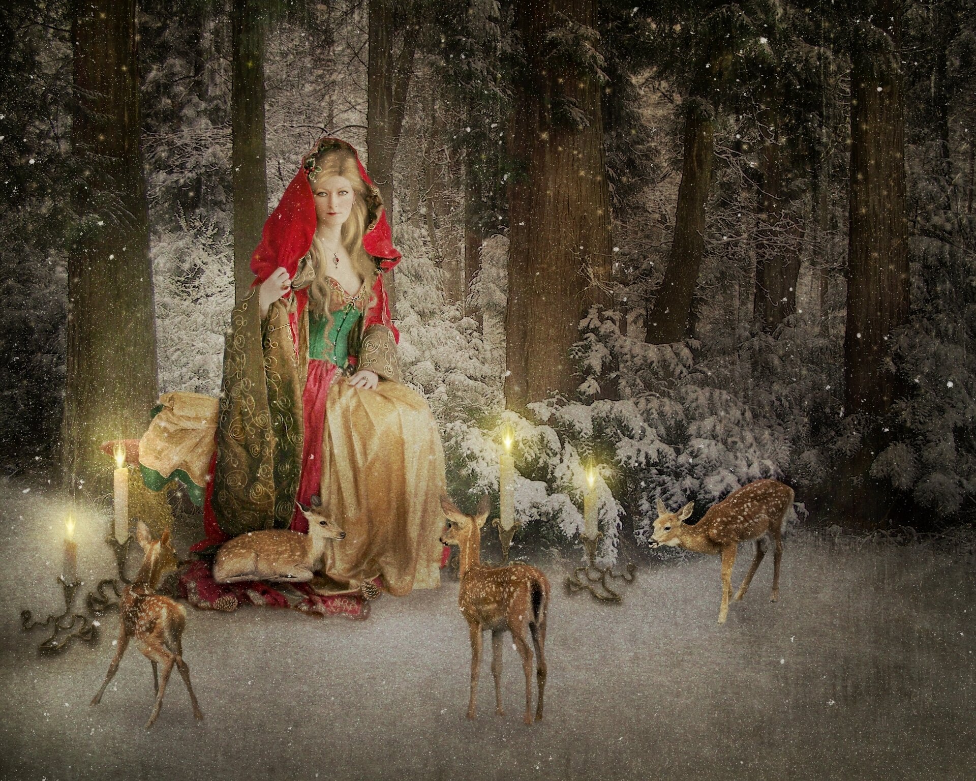 neujahrskarte rentier kerzen wald winter schnee frau klaus