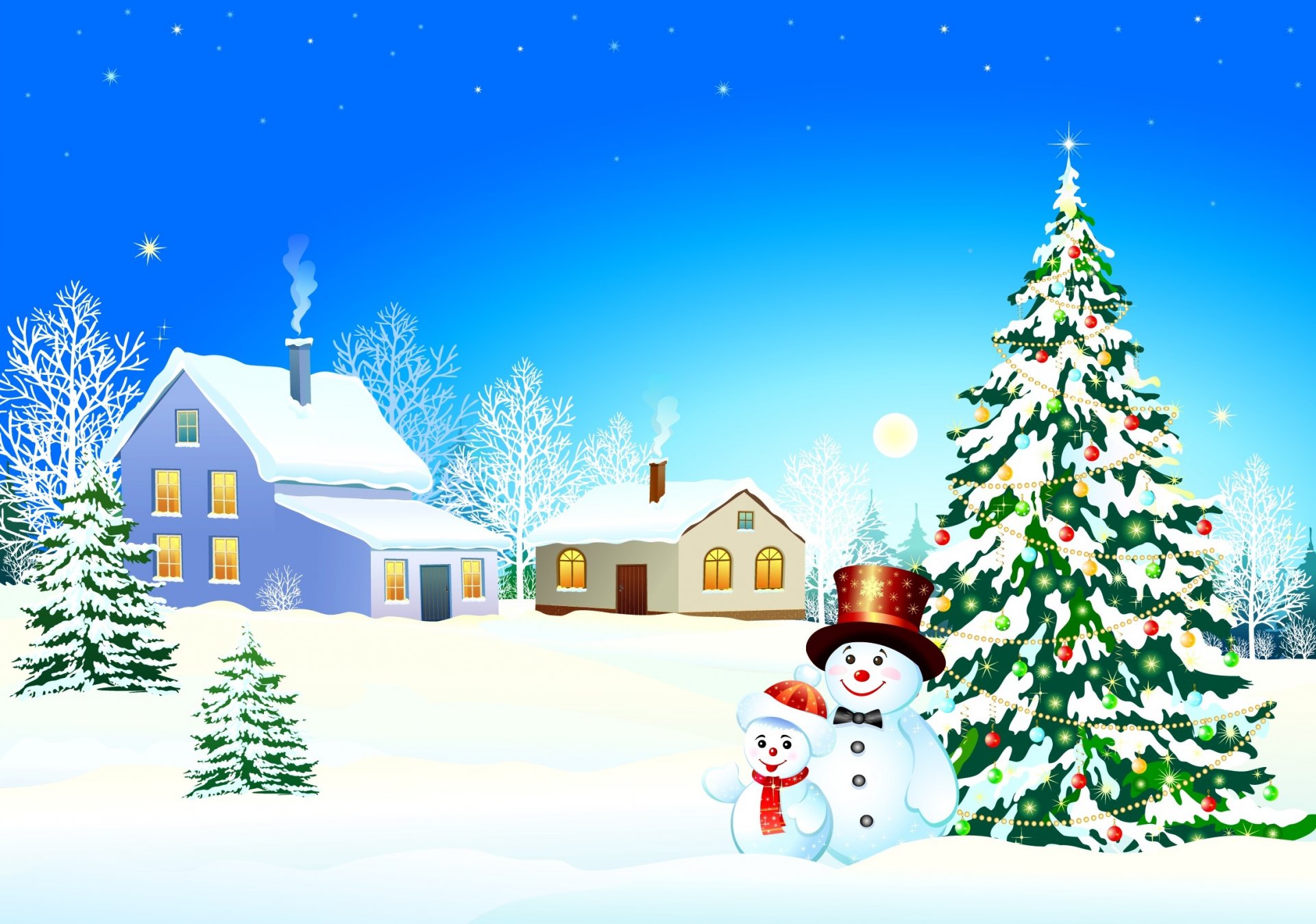 winter snow christmas decorations drifts snowman house window smoke