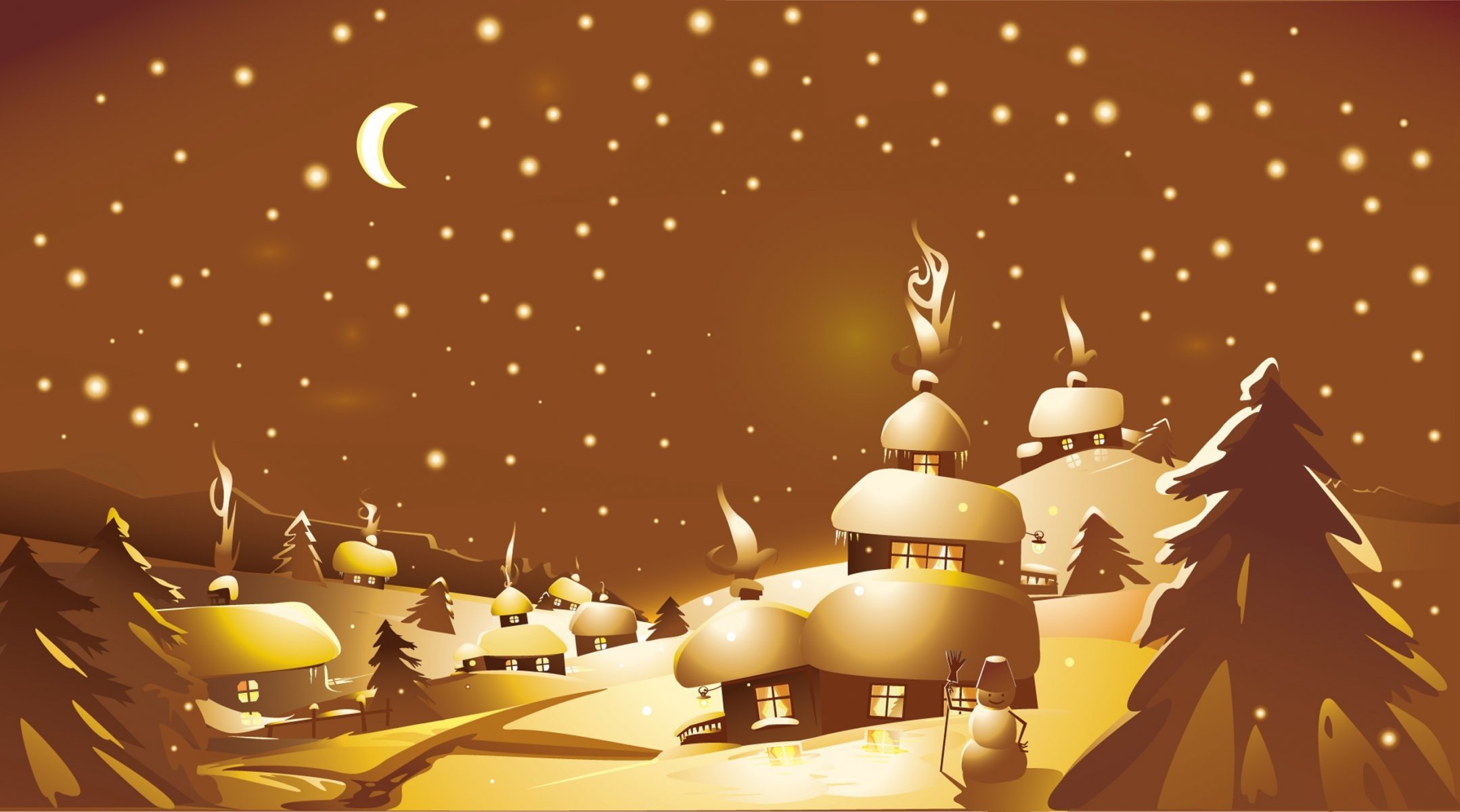 hills snow winter night year snowman houses smoke window