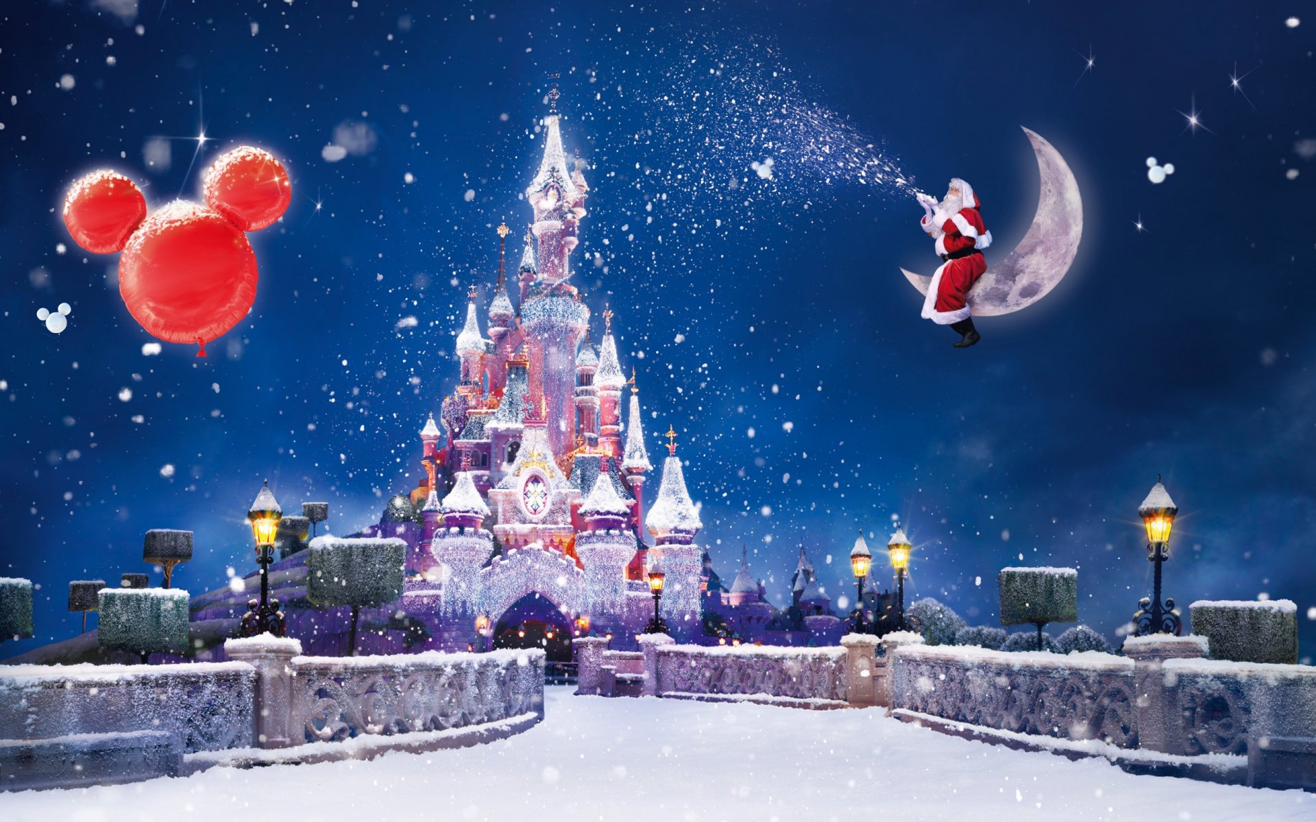 disneyland paris christmas new year castle disneyland paris magic lights garland lamps moon snow santa claus holiday