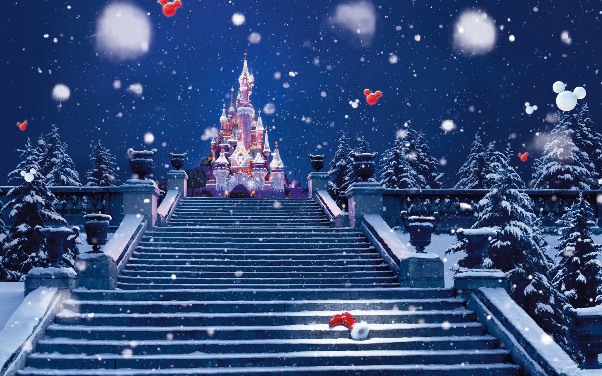 abete castello luci decorazioni gradini scale inverno neve stivale di natale stivali di babbo natale stivali capodanno vacanze natale disneyland parigi