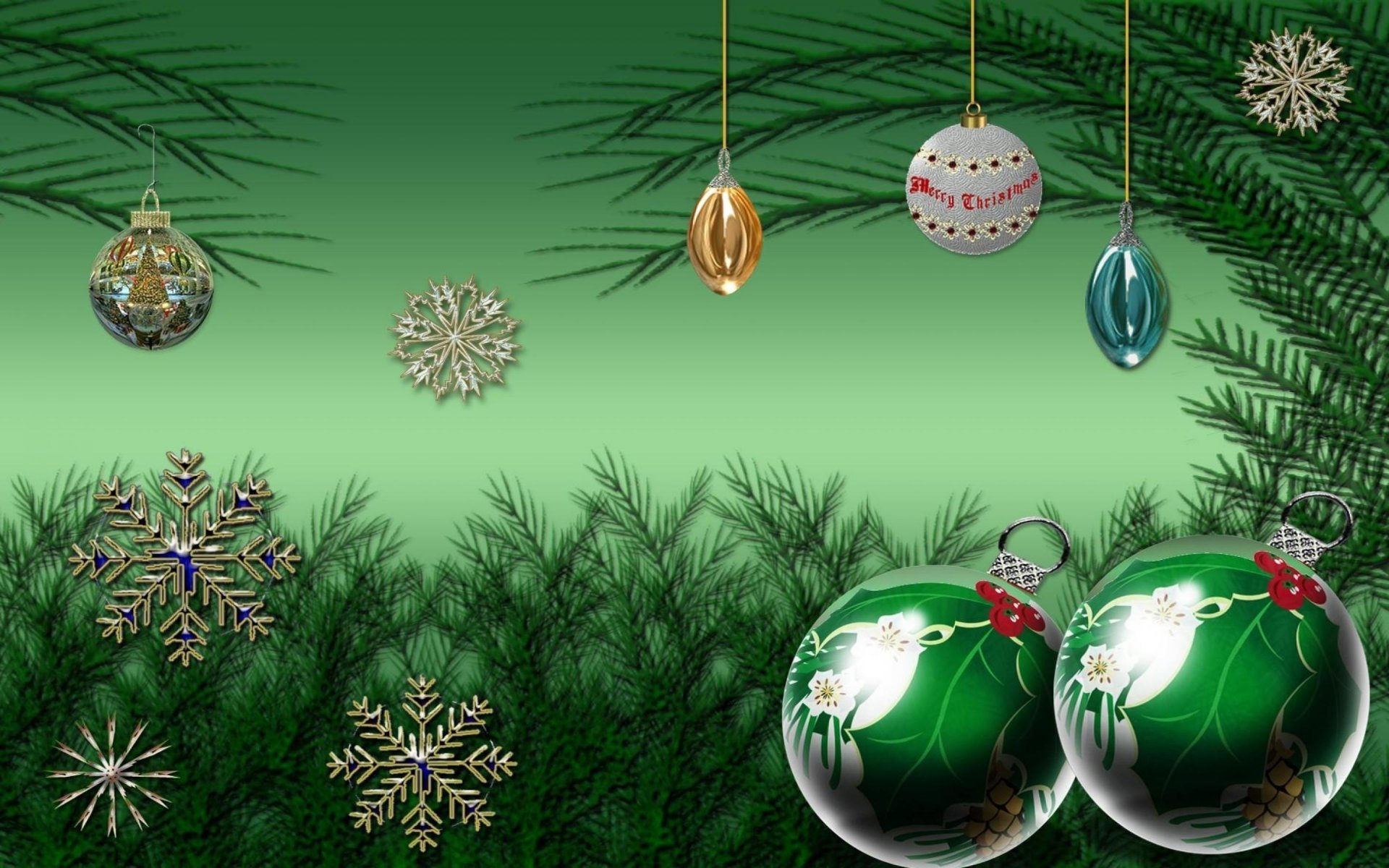 christmas decoration balls snowflakes tree branches green background new year christma