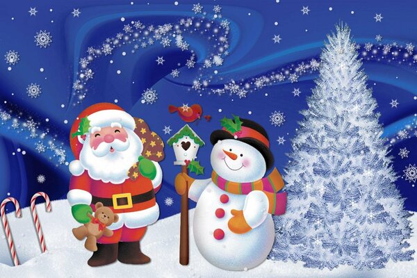 Santa Claus, snowman and Christmas tree for the New Year holiday