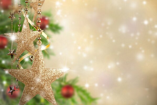 Golden stars decorate the Christmas tree