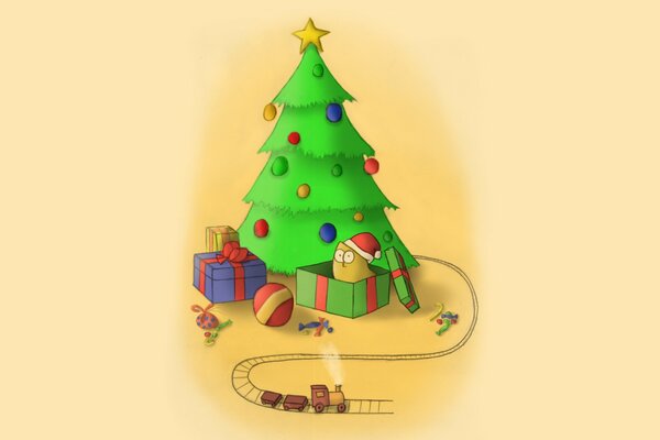 Disegno di un gatto in una scatola sotto l albero di Natale