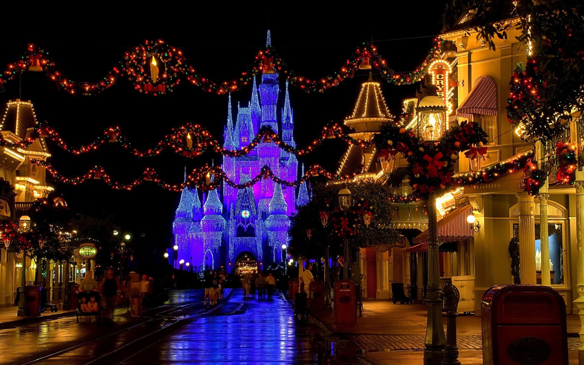 christmas castle disneyland cinderella castle usa florida christmas decoration street christmas new year decorations luminous late evening light