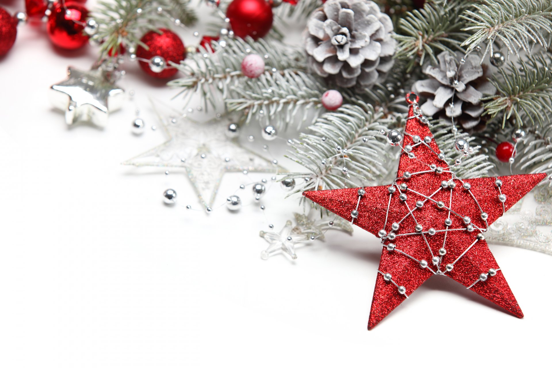 christmas new year star red decoration spruce branch christmas tree toys silver