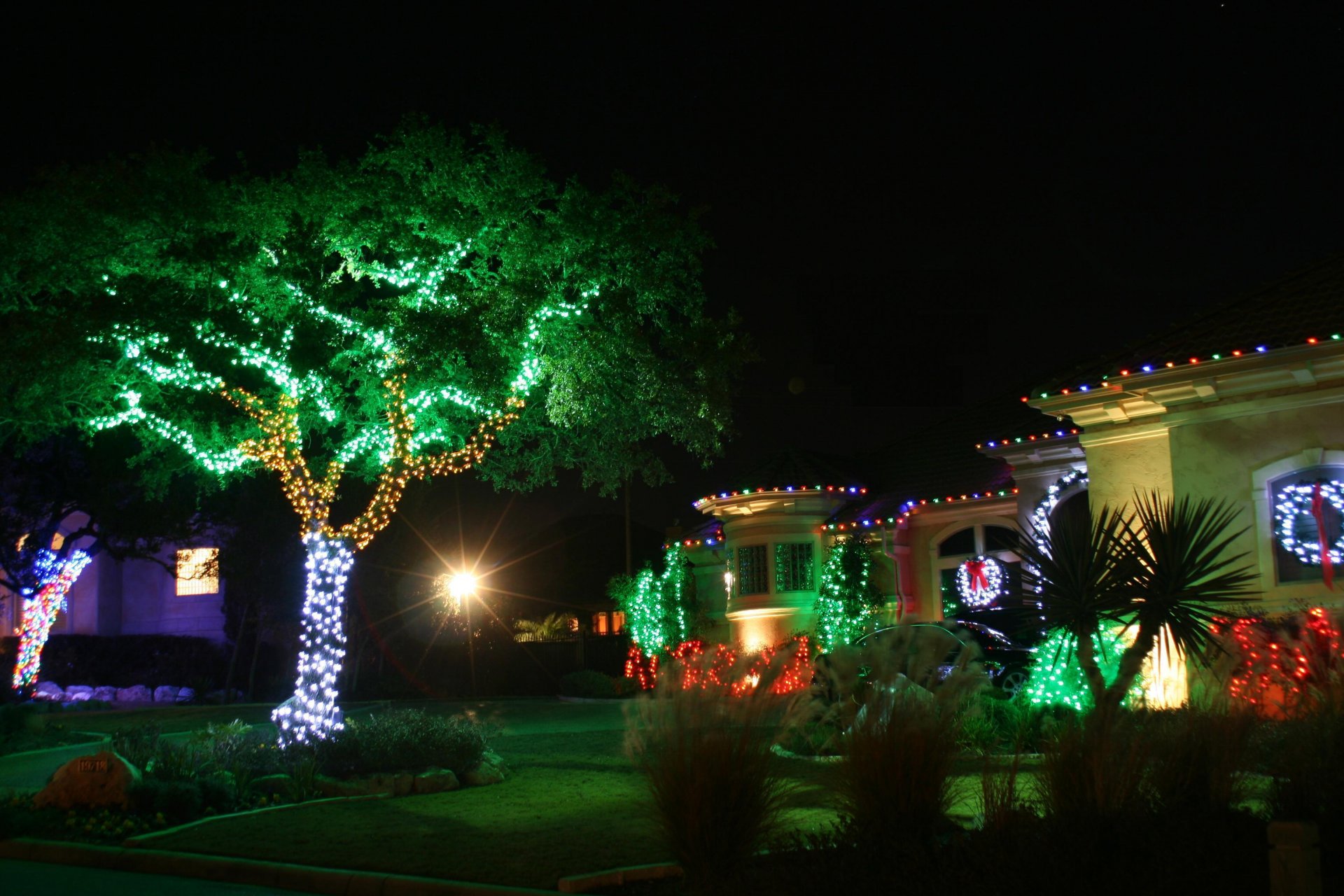 hot christmas christmas christmas lights green house landscape lanterns night red trees white decorations cottage light