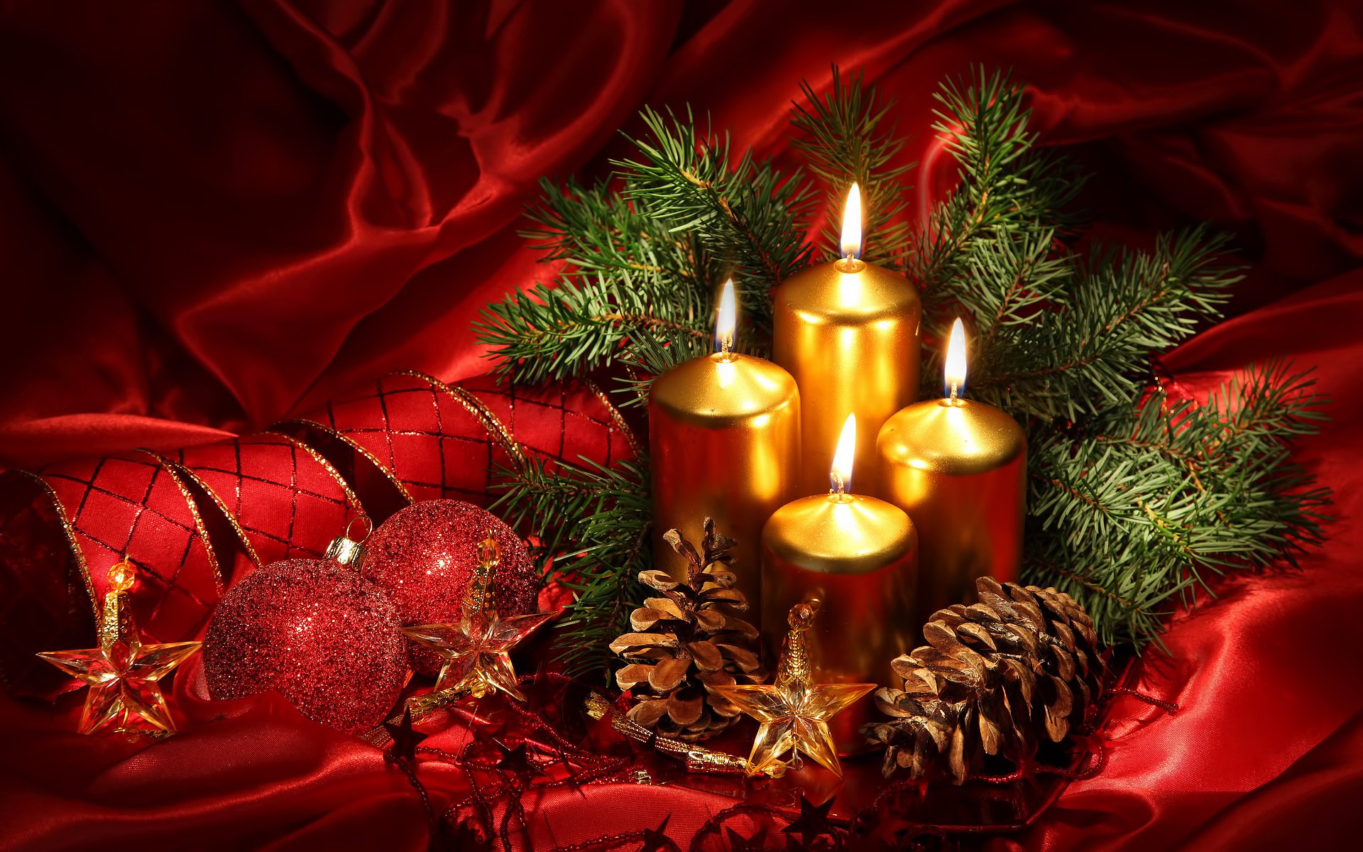 candles golden christmas decorations balloons ribbon red cones christmas fire christmas new year