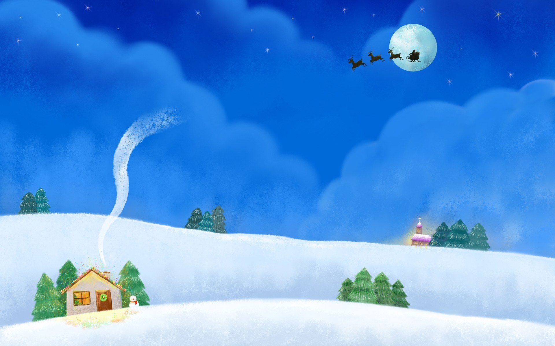 picture holiday snowman house garland bulbs smoke drifts night hills moon sledge team reindeer cloud