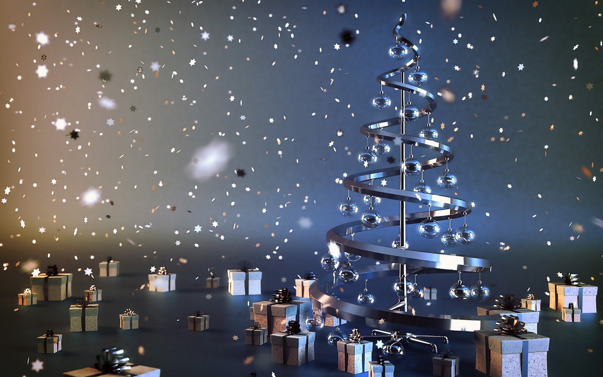 bonne année arbre de noël cadeaux nouvel an créatif sapin acier décoration boules boîtes lumières