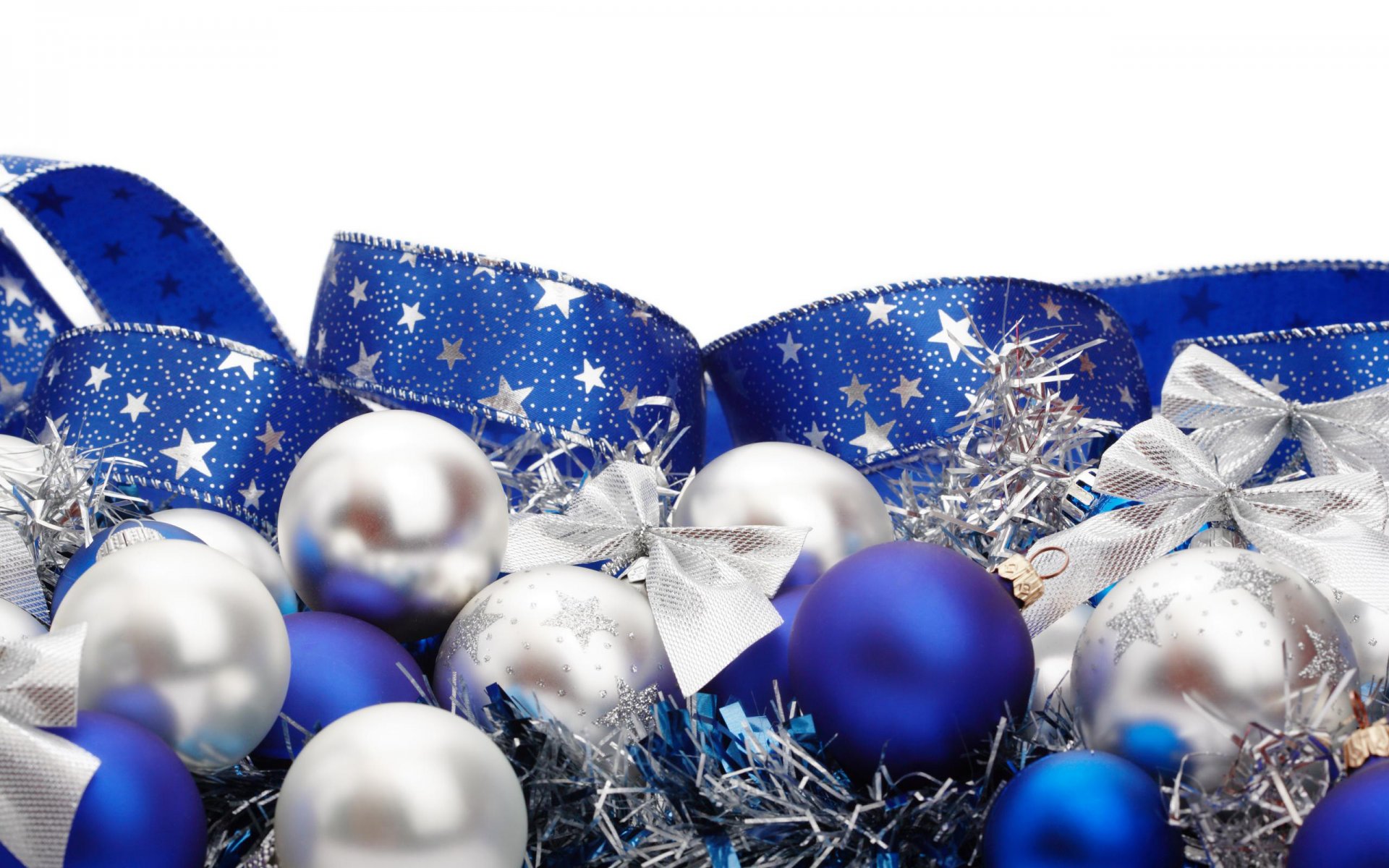 new year holiday happy new year christmas toys balls tinsel blue white belt bow background