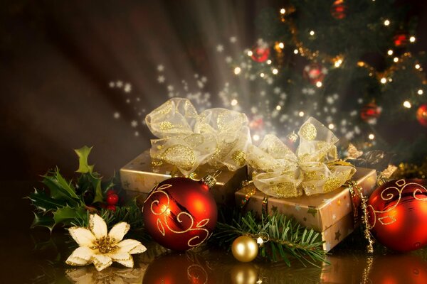 New Year s gifts in golden boxes