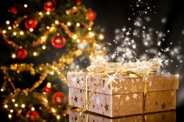 New Year s mood is created by gifts, a Christmas tree, toys, lights