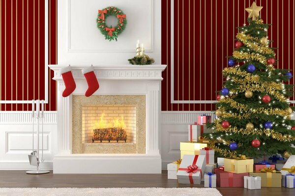 Christmas fireplace with socks for gifts