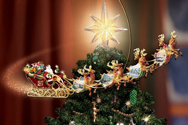 Sleigh with reindeer on the Christmas tree