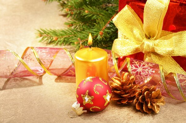 Christmas decorations on the background of a fir branch