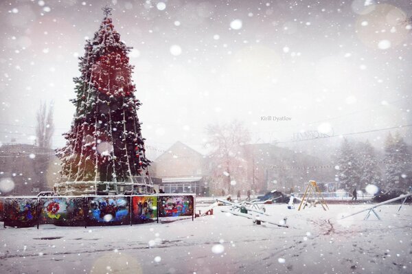 Weihnachtlich geschmückter Weihnachtsbaum auf dem Stadtplatz