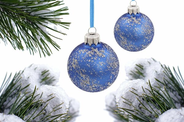 Blue Christmas tree balls in snowy spruce paws