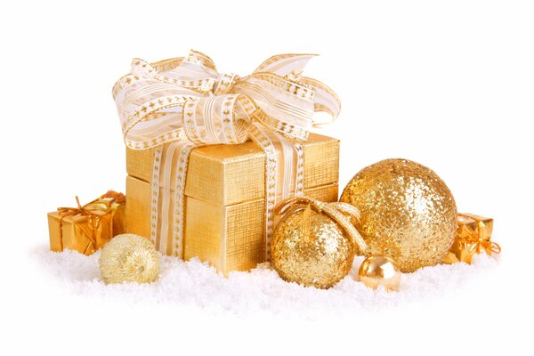 Golden balls and a box with a bow