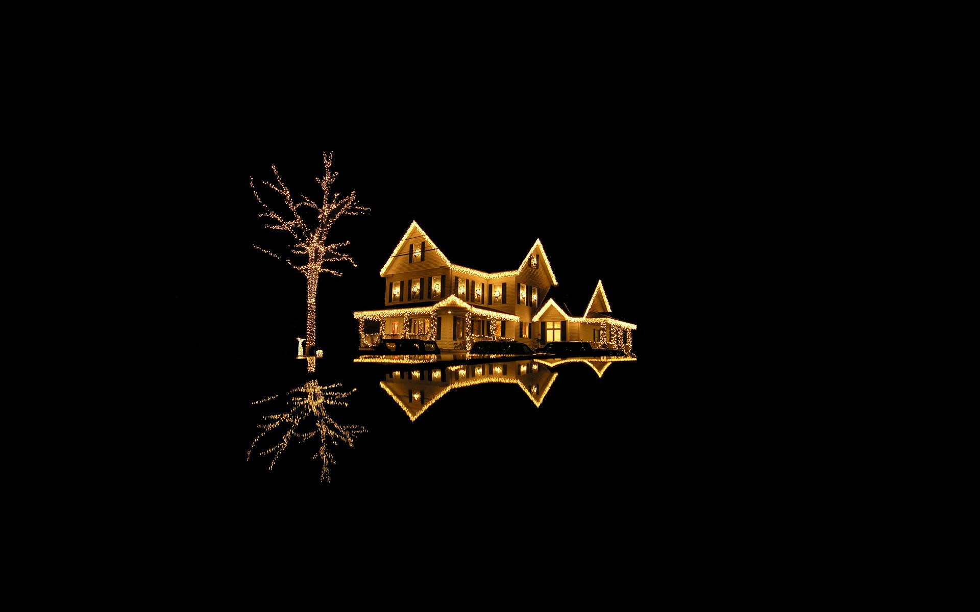 new year holiday merry christmas black background house dwelling building house light lights gold wood reflection