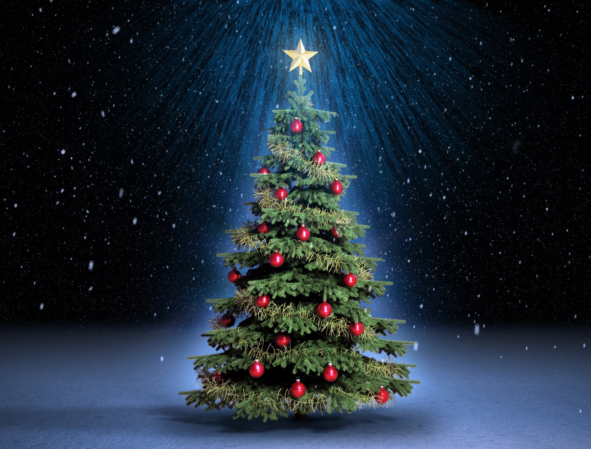 albero di natale neve magia nuovo anno natale abete notte magia raggi stella palle rosso vacanza albero di natale