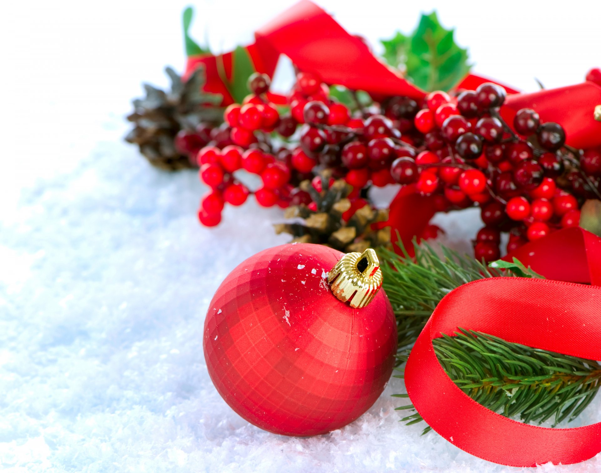 neve ramo albero di natale bacca palla rosso nastro vacanza