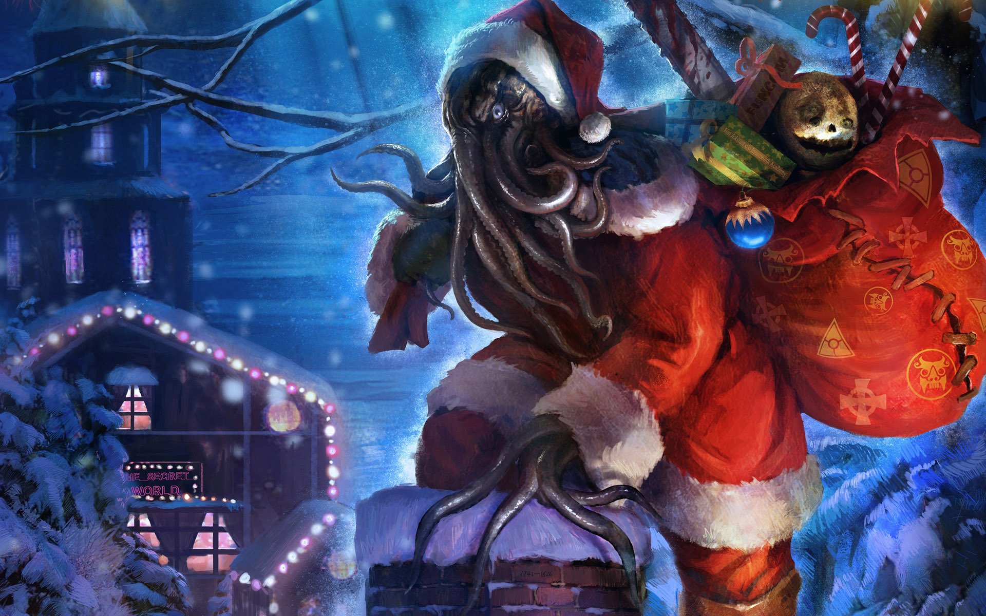 frohe feiertage von funcom cthulhu großvater cthulhu weihnachtsmann dach cthulhu großvater frost