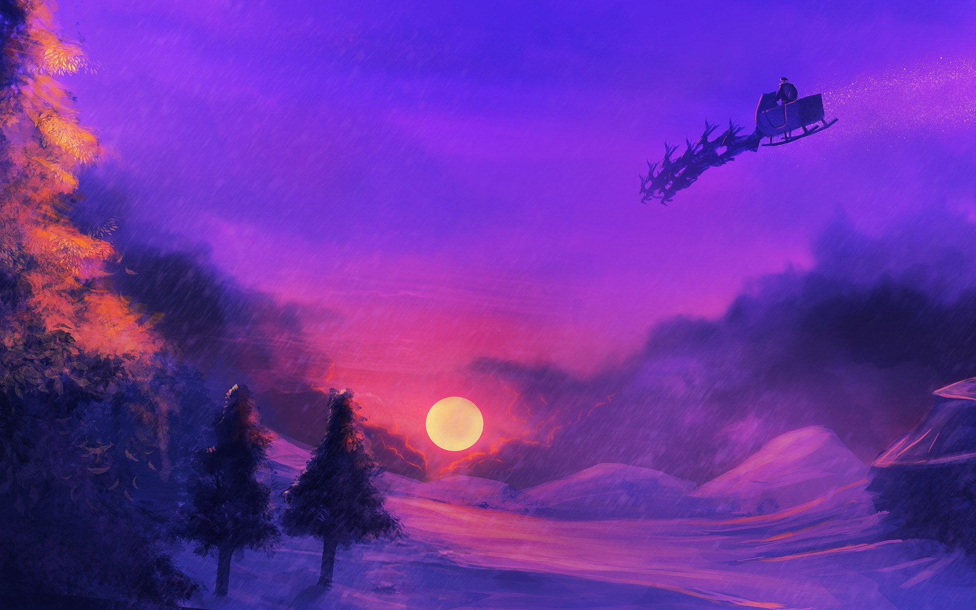 unset sun snow sledge santa christmas tree sky