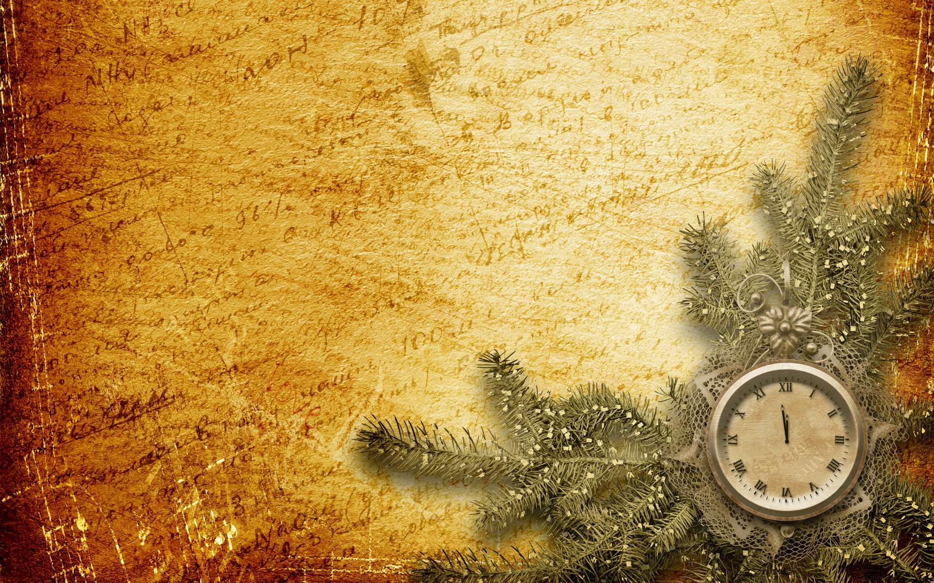 words background gold branch spruce watches at midnight new year holiday