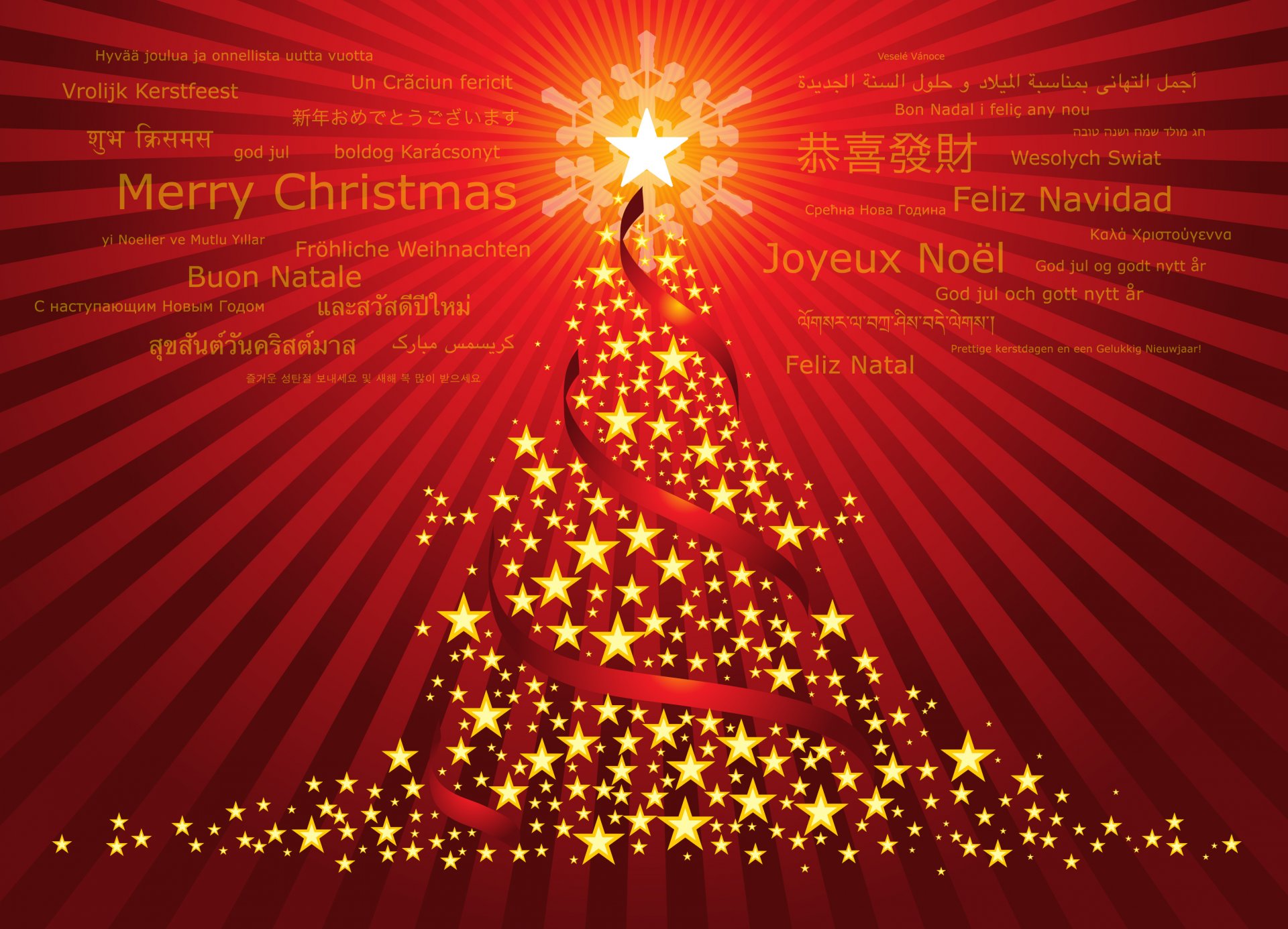 christmas tree red background stars new year holiday greetings foreign languages words happy new year holiday merry christma