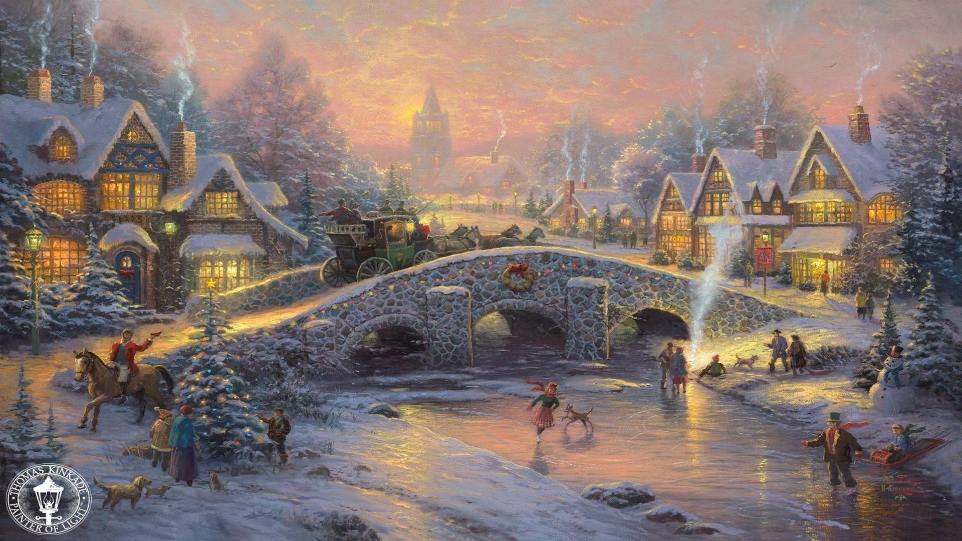 weihnachtsstimmung thomas kincaid schön weihnachten weiler dorf brücke wagen königlich pferde eisbahn schlittschuhe schlitten elegant weihnachtsbäume urlaub