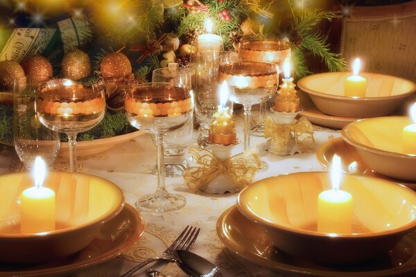 Candles, glasses, New Year s table