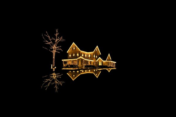 Golden lights of a fabulous New Year s house on a black background