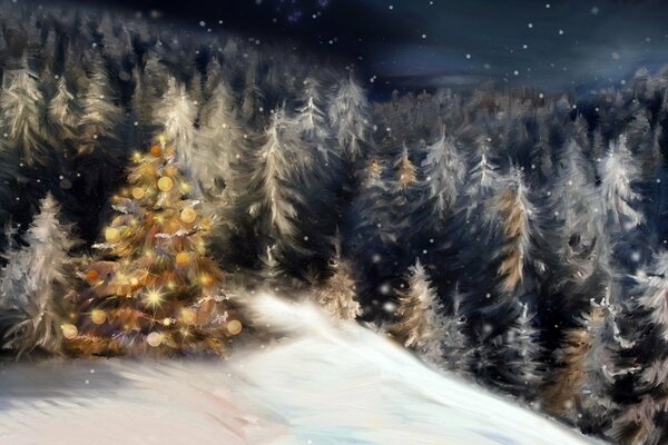 New Year in the forest among snow and fir trees