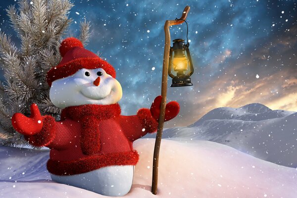 Un bonhomme de neige dans un manteau de fourrure rouge mitaines et un chapeau tient une lampe de poche et se réjouit de la neige qui passe