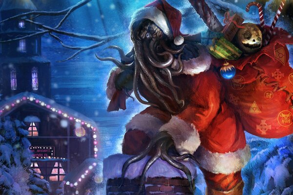 Cthulhu Santa Claus brings gifts for the new year