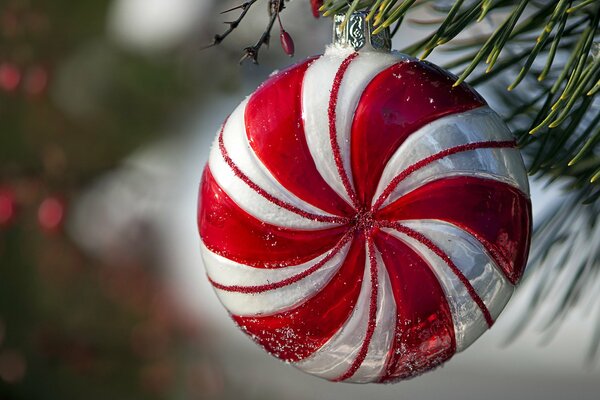 Giocattolo di Natale rosso e bianco sull albero di Natale