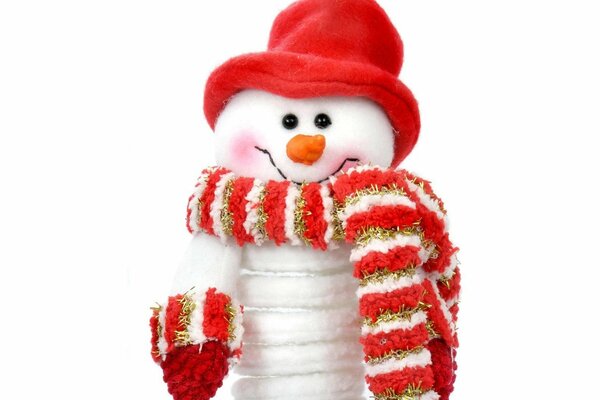 A snowman in a red scarf and a hat