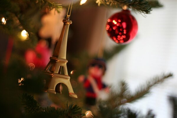 Christmas toys on a live Christmas tree