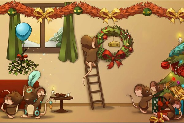 Christmas at the mice, mice decorate their house