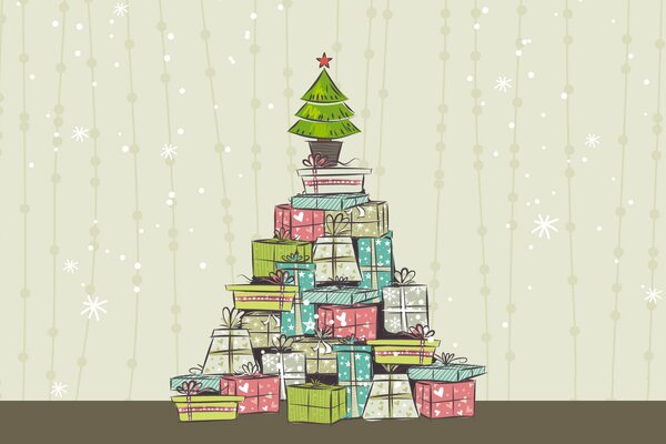 A mountain of New Year s gifts and a Christmas tree