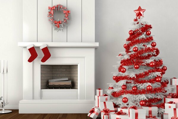 Christmas tree by the fireplace in red and white