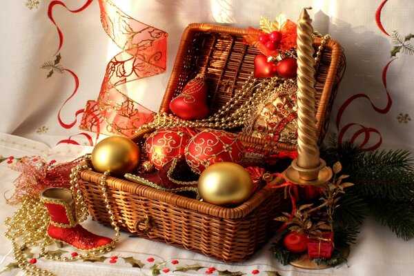 Basket with Christmas tree toys and ribbons