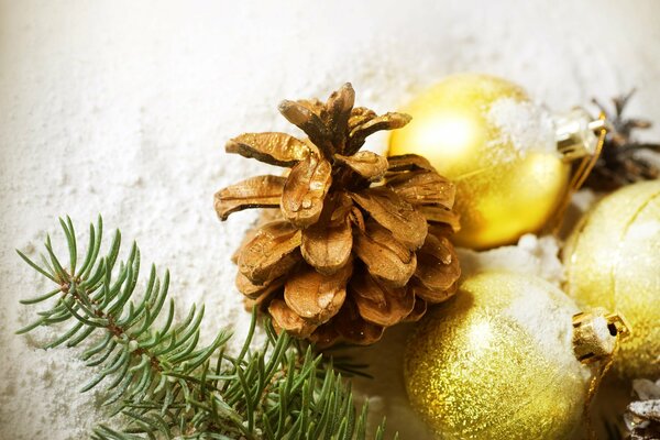 Christmas tree, cone, snow and Christmas balls