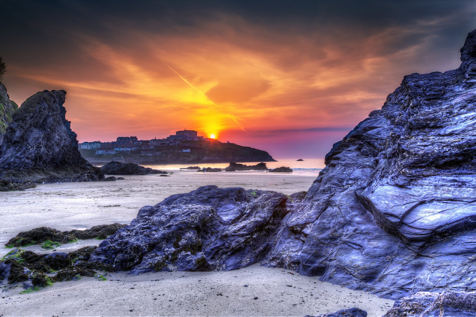 newquay anglia gb plaża klify natura zachód słońca morze