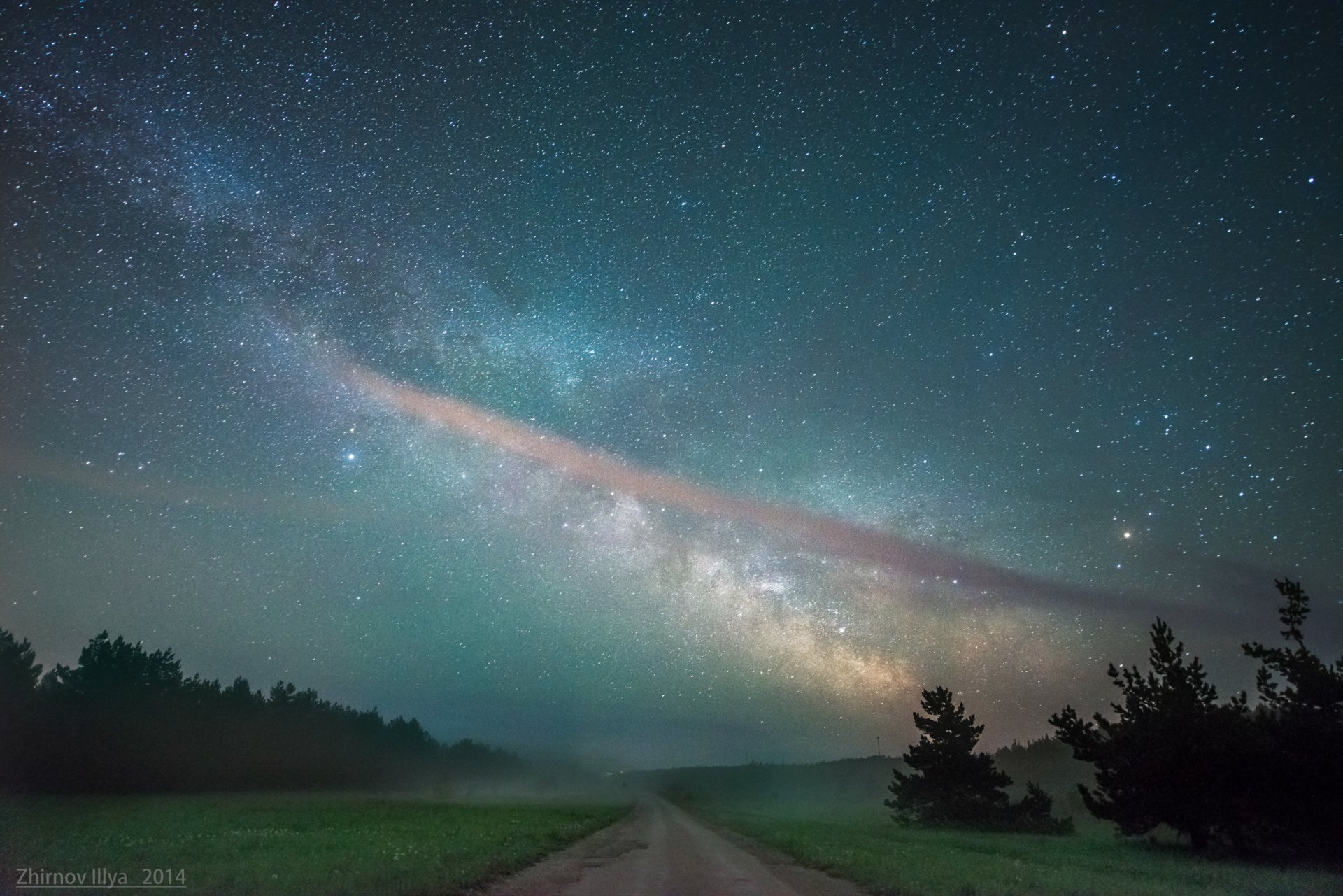 notte strada campi foreste alberi cielo stelle via lattea