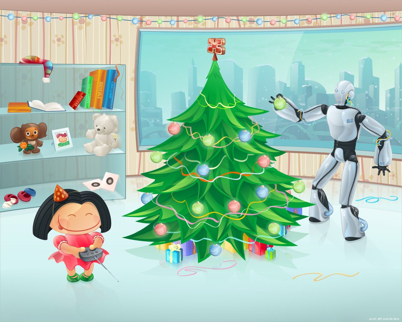 picture robots christmas tree new year girl